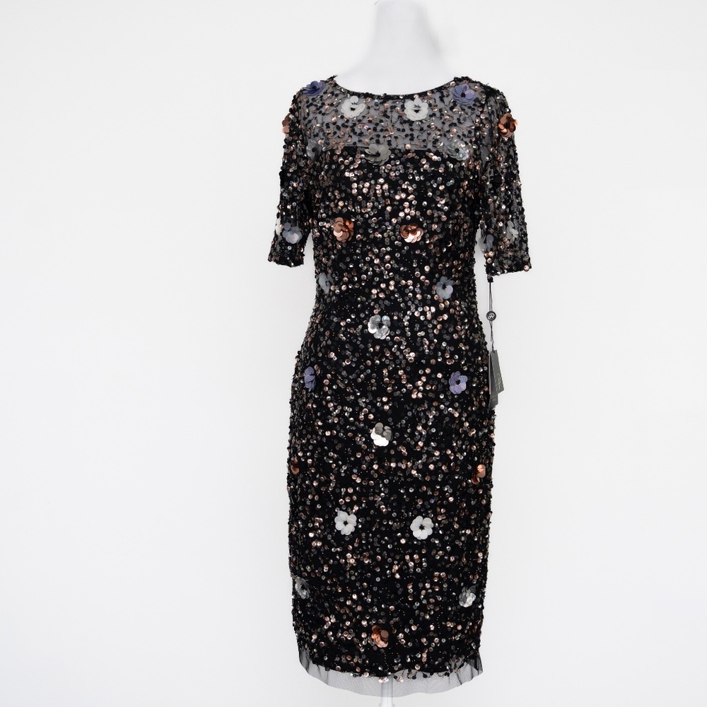 Adrianna Papell | Hand Beaded 3d Floral Illusion Short Sheath Cocktail Dress - Picture 2 of 10